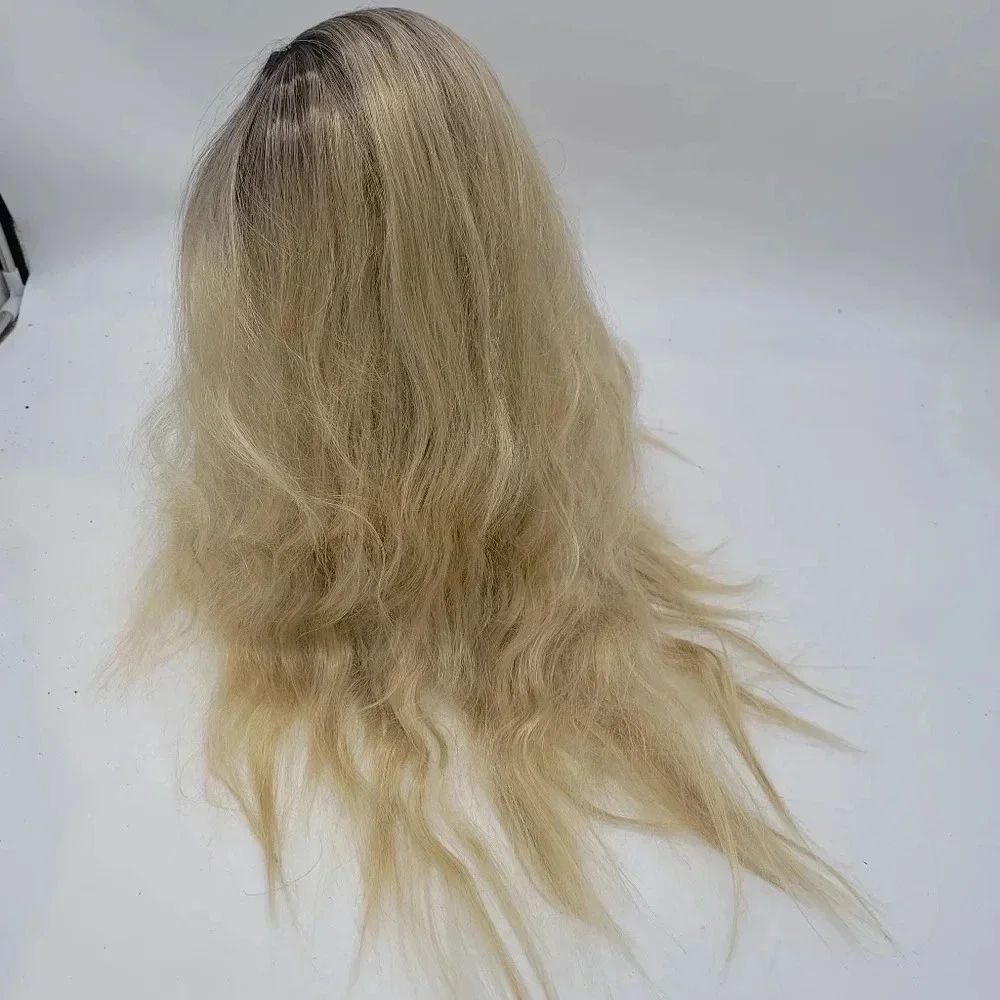 aSulis Natural Long Wavy Curly Wig Dark Roots Ombre Ash Blonde Wig Synthetic 28